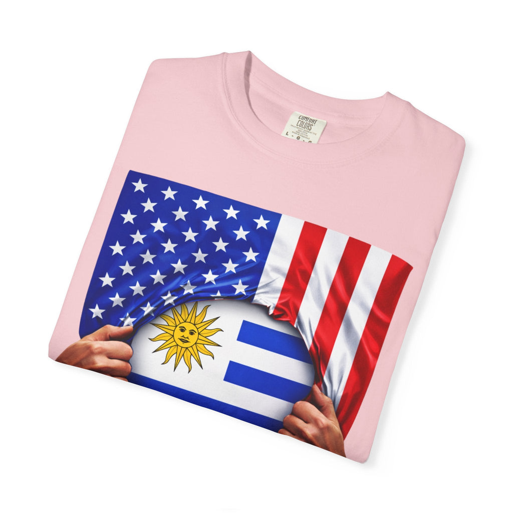 T-shirt drapeau Uruguay + drapeau USA Pride | Drapeau uruguayen + américain déchiré 4 juillet | T-shirts latinos drôles | Coton épais
