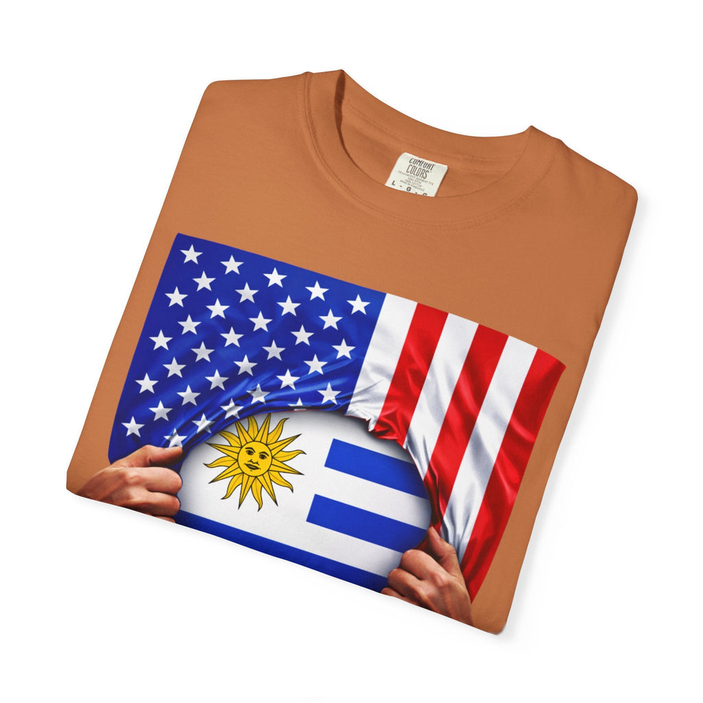 T-shirt drapeau Uruguay + drapeau USA Pride | Drapeau uruguayen + américain déchiré 4 juillet | T-shirts latinos drôles | Coton épais