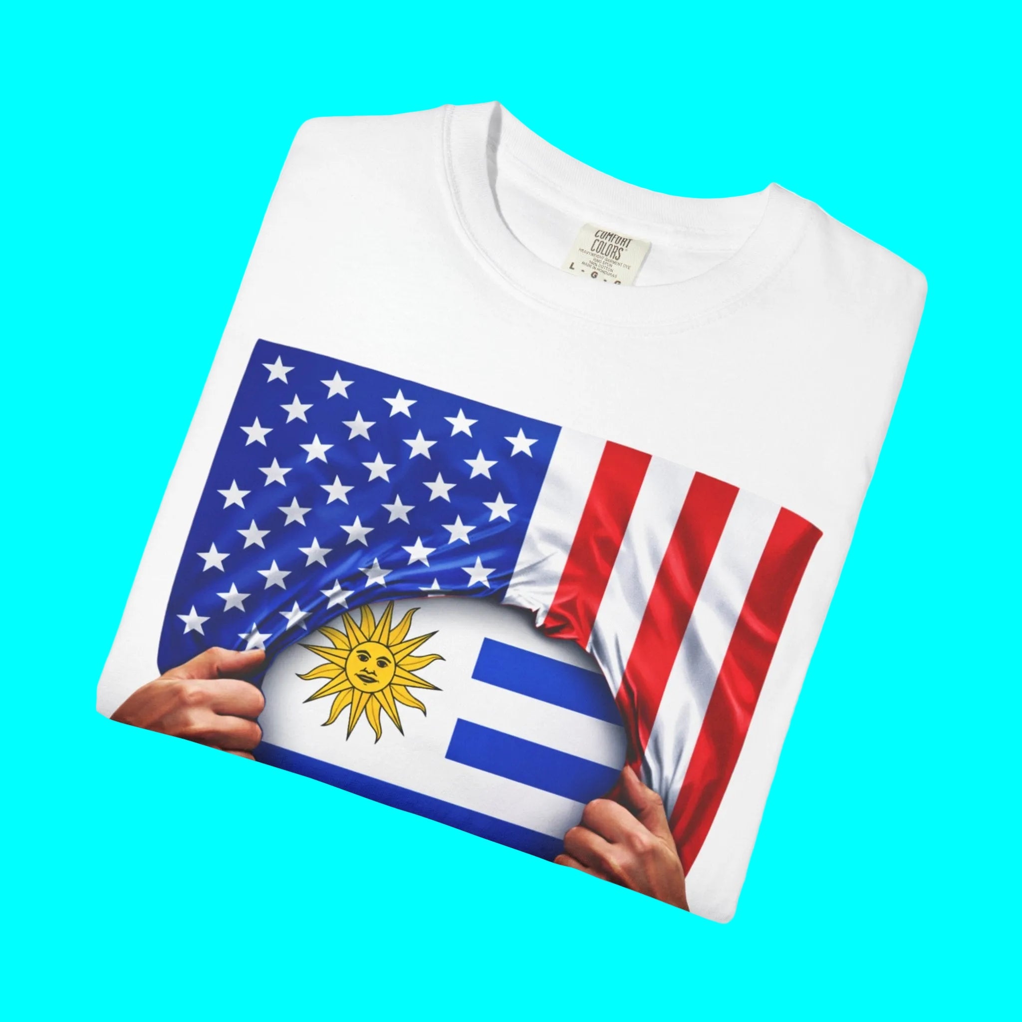 T-shirt drapeau Uruguay + drapeau USA Pride | Drapeau uruguayen + américain déchiré 4 juillet | T-shirts latinos drôles | Coton épais