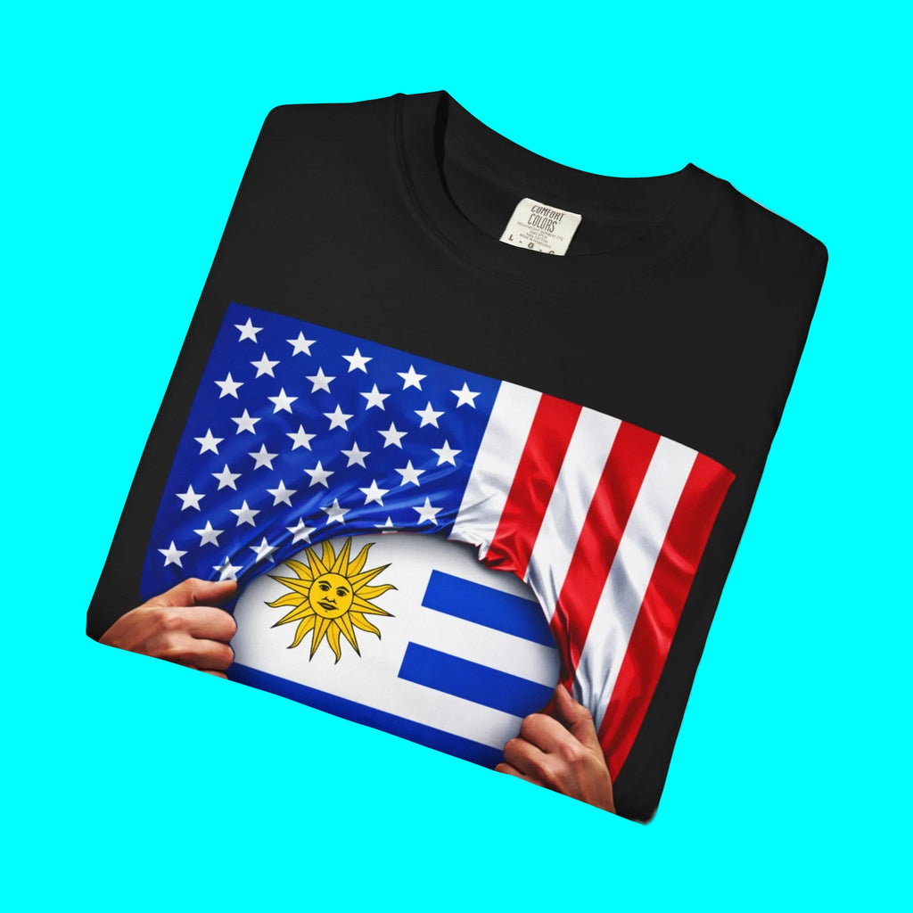 T-shirt drapeau Uruguay + drapeau USA Pride | Drapeau uruguayen + américain déchiré 4 juillet | T-shirts latinos drôles | Coton épais