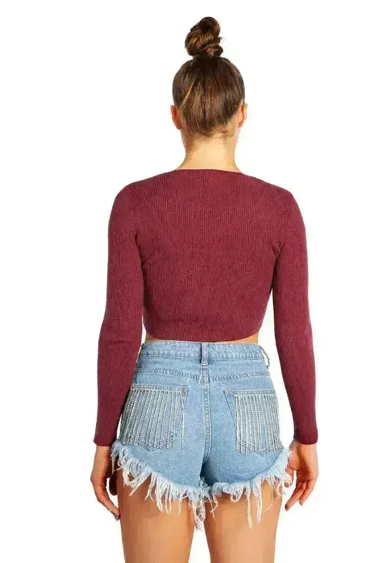 Shorts en jean Destroyed Hem | Short en jean avec patch en strass - femstylo