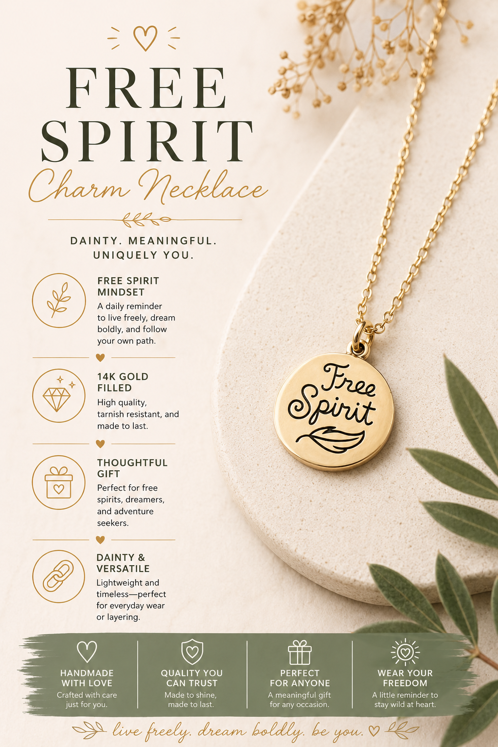 Collier pendentif breloque esprit libre – Collier délicat en or 14 carats avec pendentif disque en or
