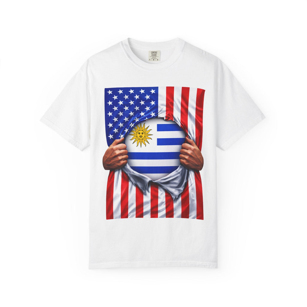 T-shirt drapeau Uruguay + drapeau USA Pride | Drapeau uruguayen + américain déchiré 4 juillet | T-shirts latinos drôles | Coton épais