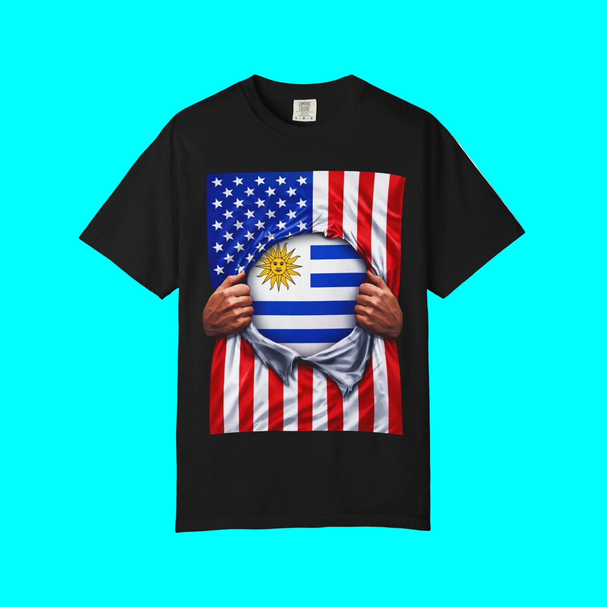 T-shirt drapeau Uruguay + drapeau USA Pride | Drapeau uruguayen + américain déchiré 4 juillet | T-shirts latinos drôles | Coton épais