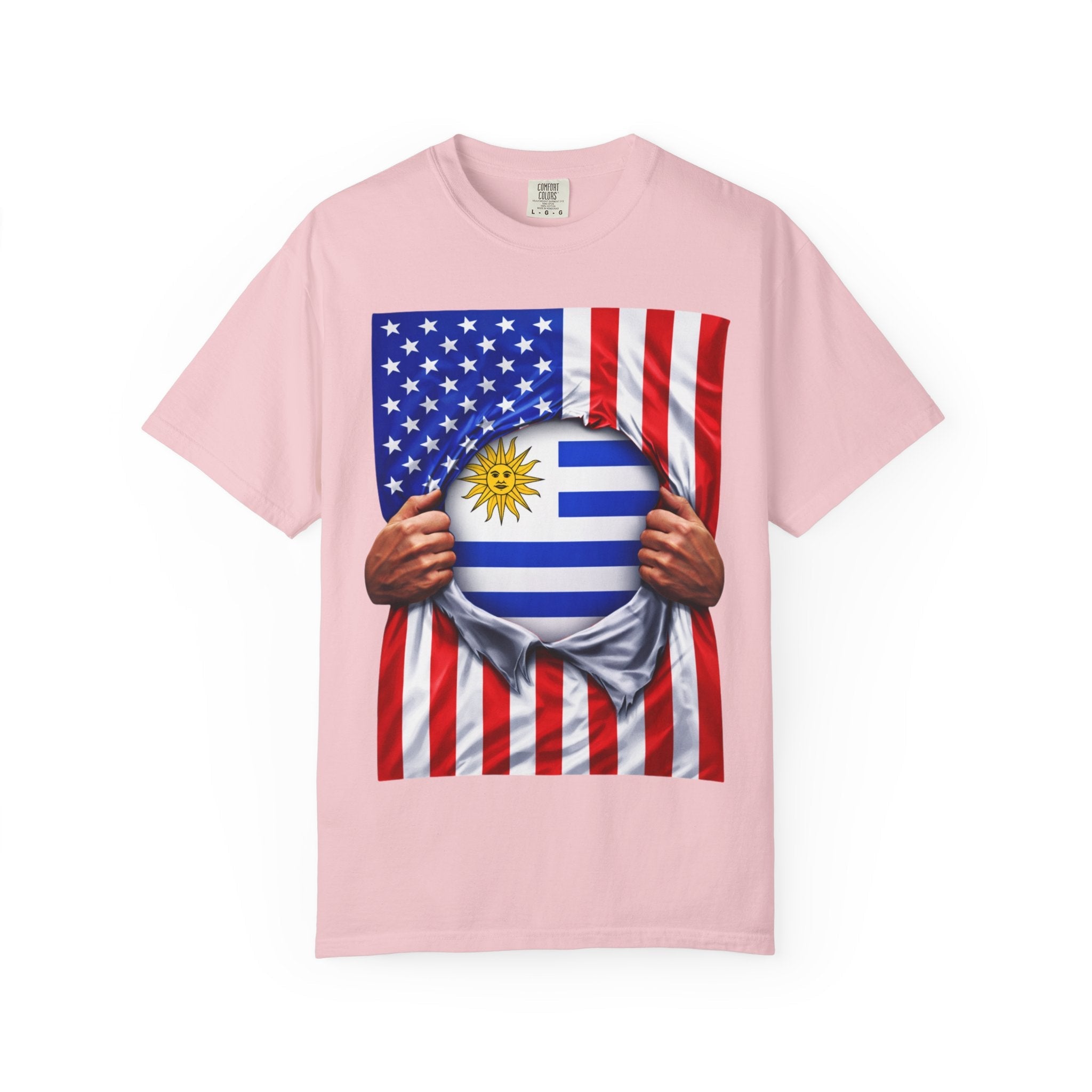 T-shirt drapeau Uruguay + drapeau USA Pride | Drapeau uruguayen + américain déchiré 4 juillet | T-shirts latinos drôles | Coton épais