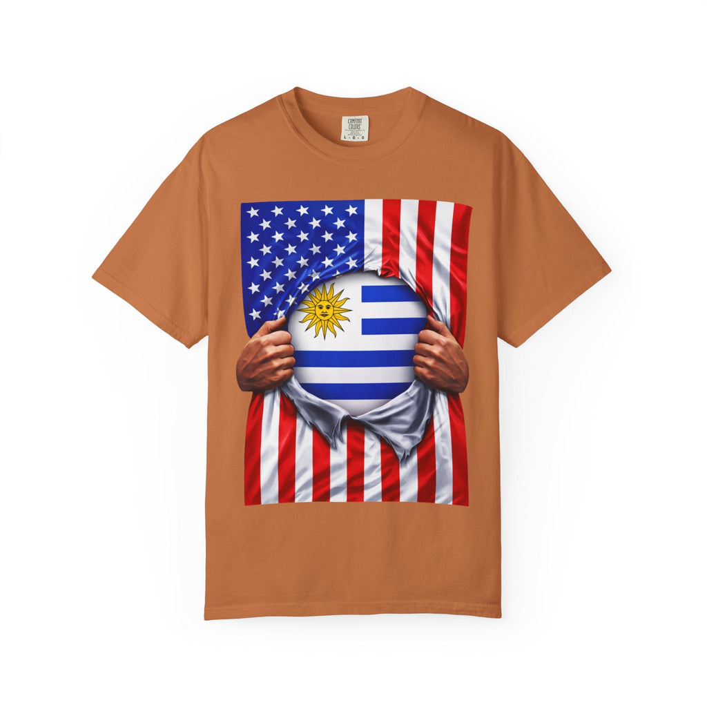 T-shirt drapeau Uruguay + drapeau USA Pride | Drapeau uruguayen + américain déchiré 4 juillet | T-shirts latinos drôles | Coton épais