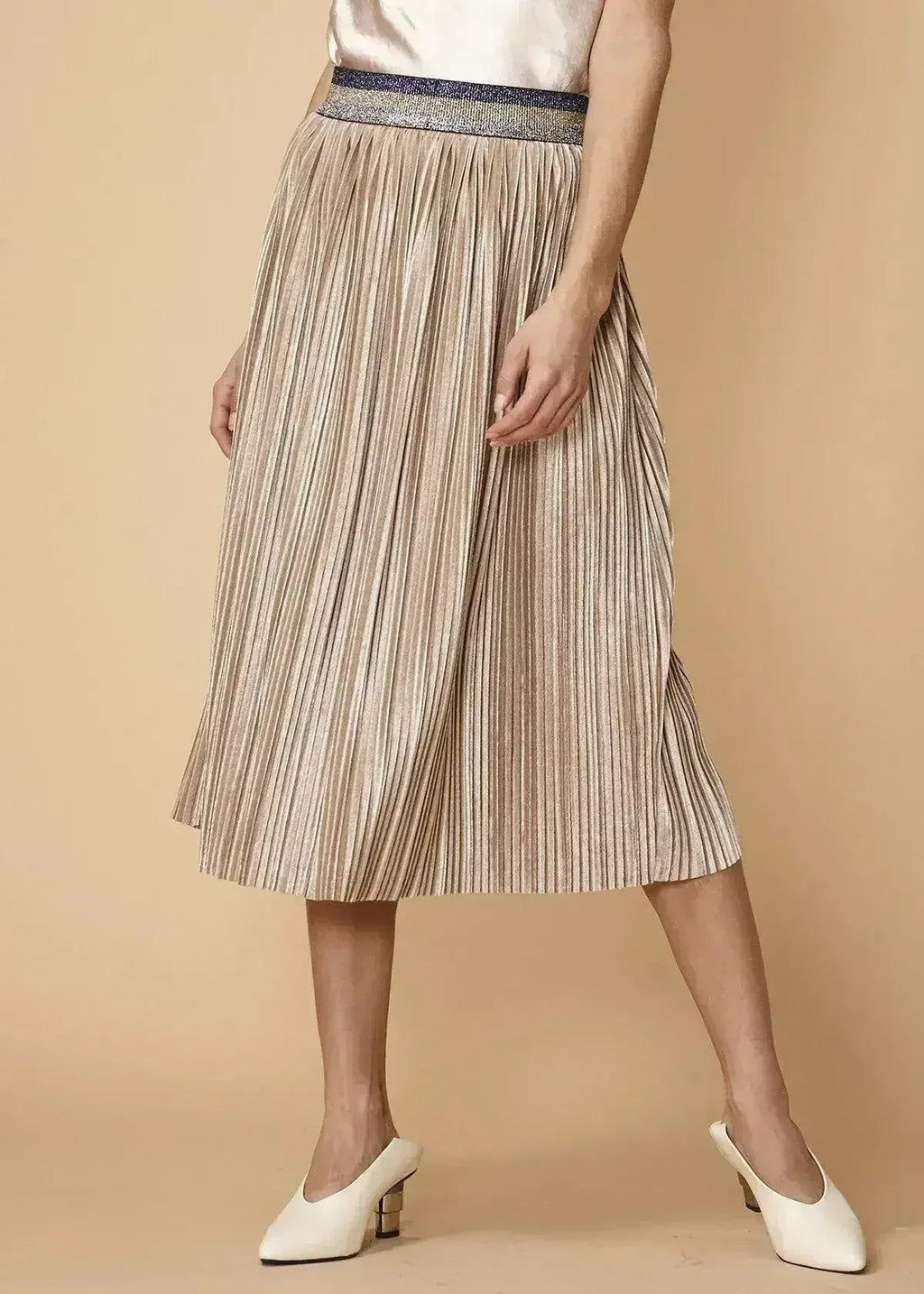 Jupe plissée à taille scintillante pour femme, couleur champagne
