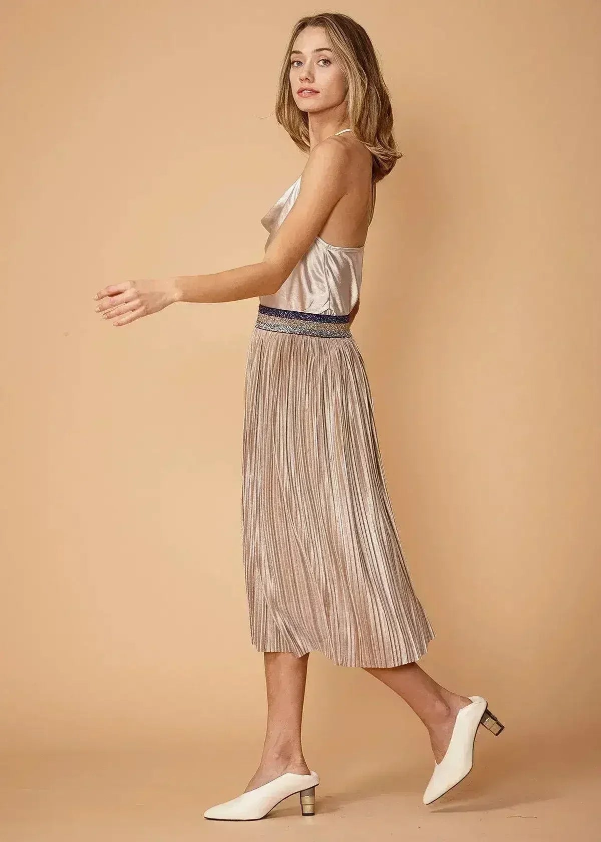 Jupe plissée à taille scintillante pour femme, couleur champagne