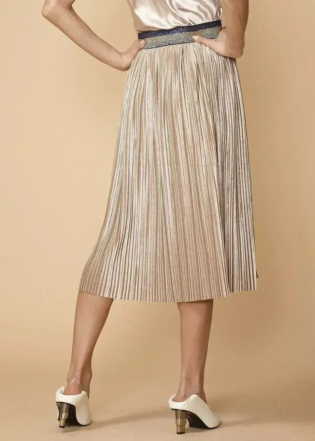 Jupe plissée à taille scintillante pour femme, couleur champagne