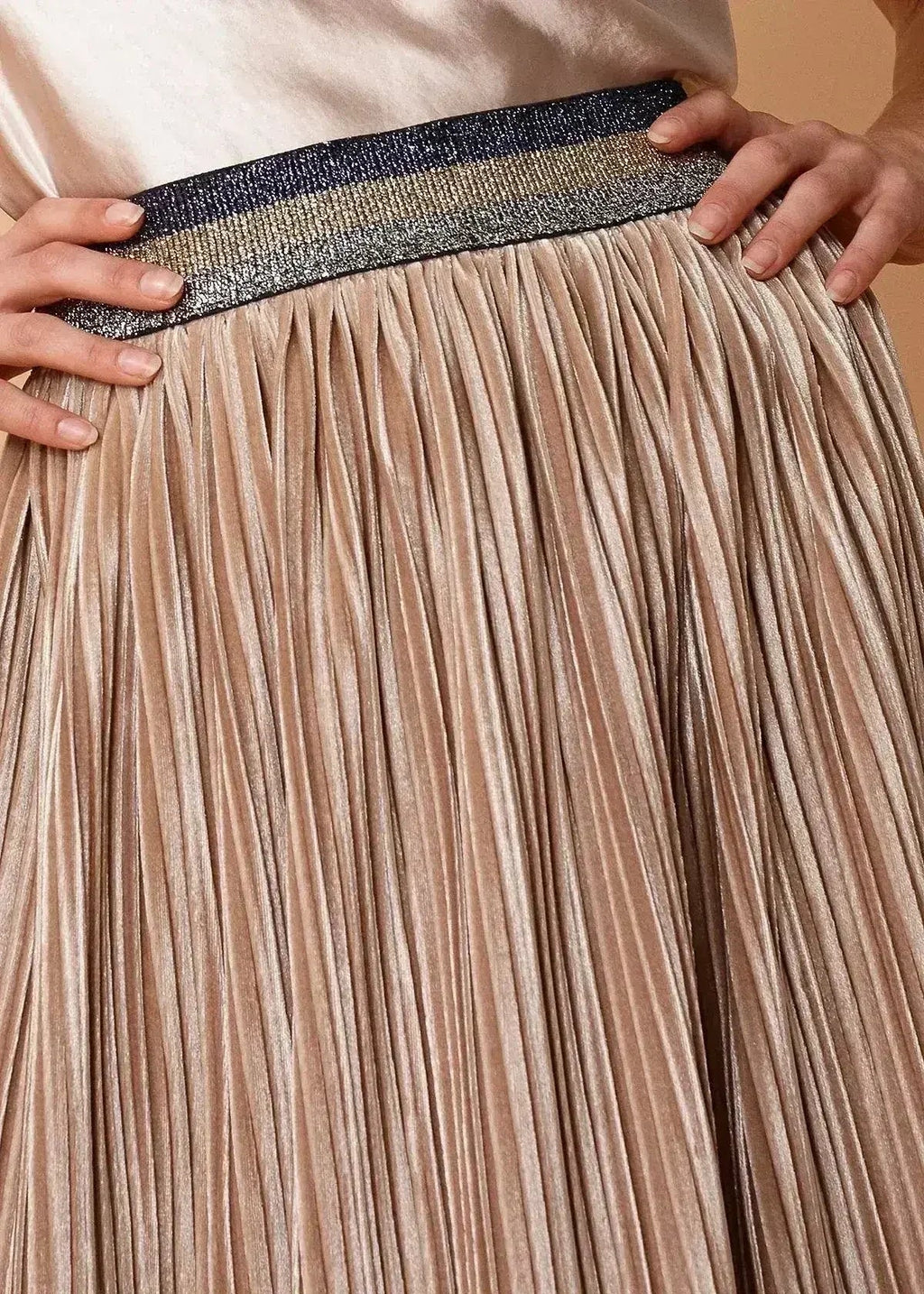 Jupe plissée à taille scintillante pour femme, couleur champagne