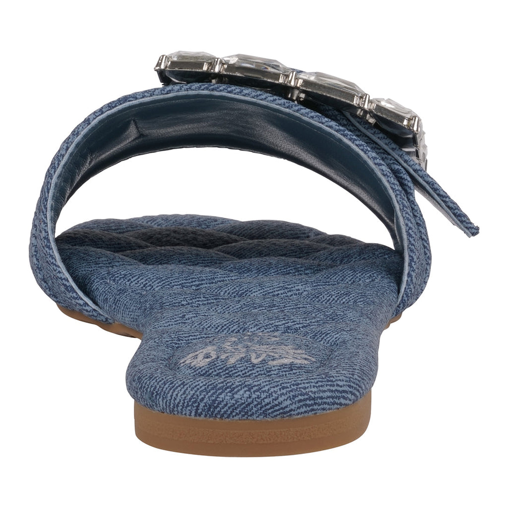 Sandales plates Bianca en jean avec boucle en strass pour femme