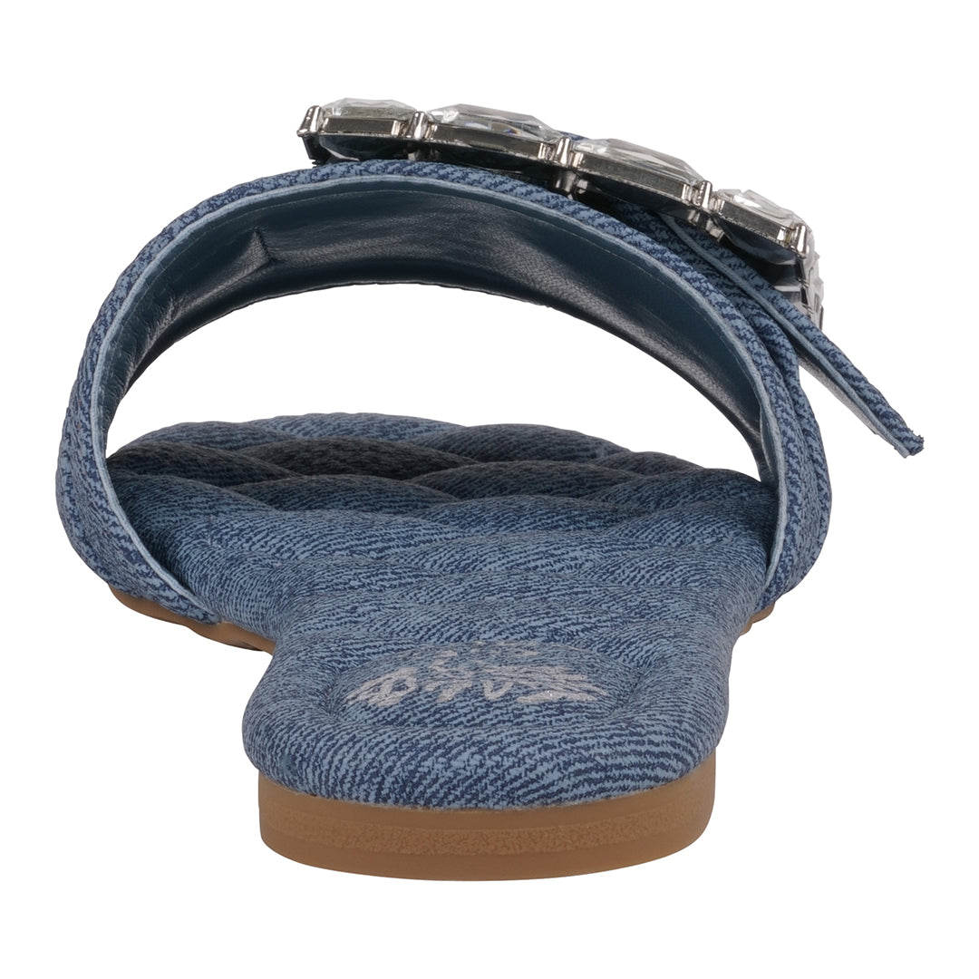 Sandales plates Bianca en jean avec boucle en strass pour femme