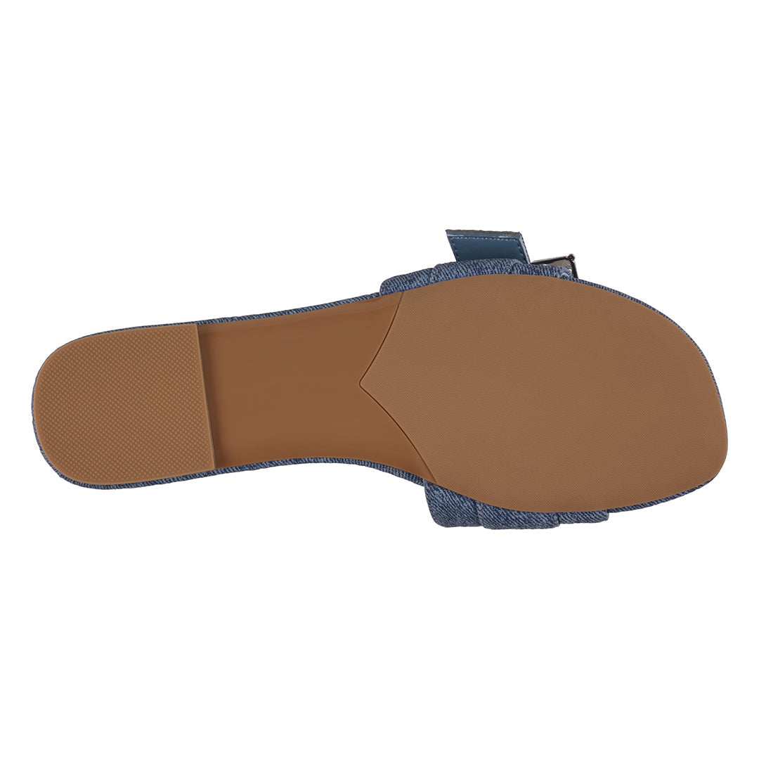 Sandales plates Bianca en jean avec boucle en strass pour femme