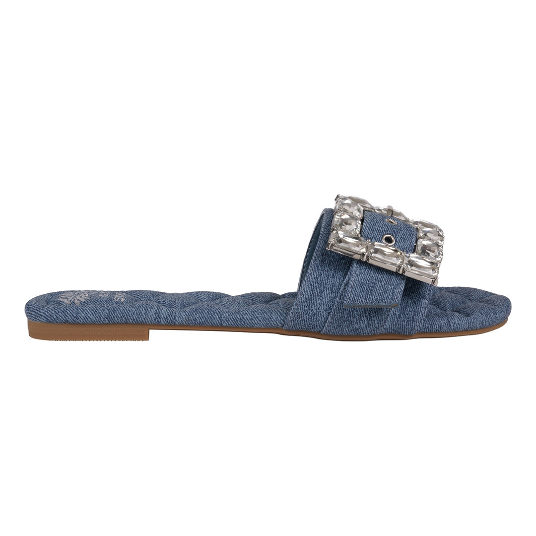 Sandales plates Bianca en jean avec boucle en strass pour femme