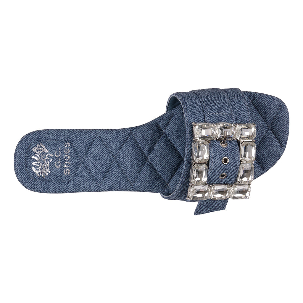Sandales plates Bianca en jean avec boucle en strass pour femme