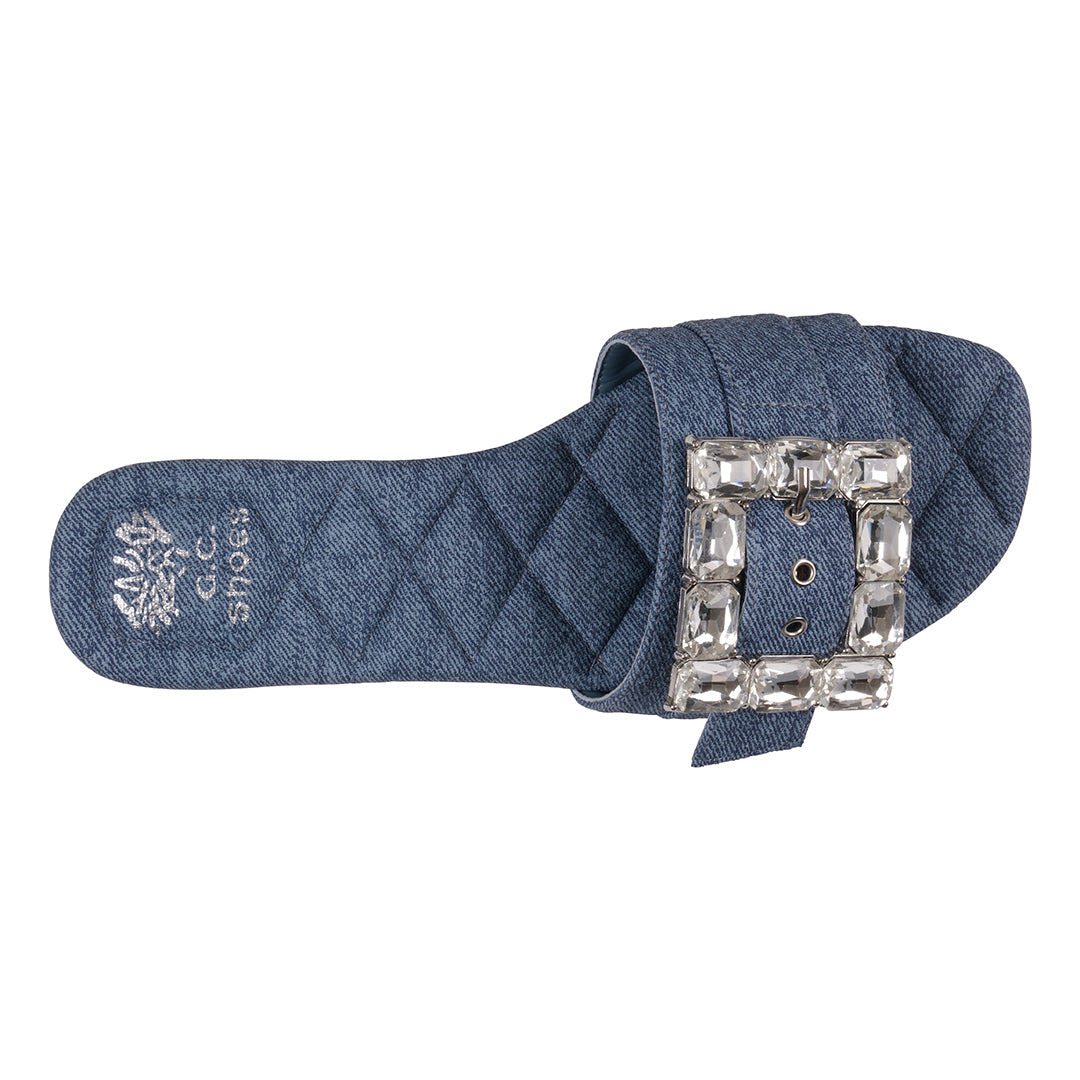 Sandales plates Bianca en jean avec boucle en strass pour femme