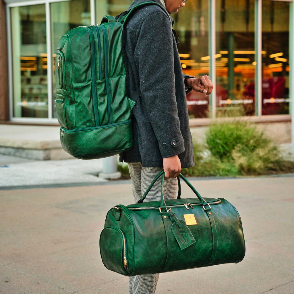 Sac de voyage polochon en cuir vert émeraude
