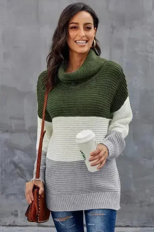 Pull à col roulé color block gris-vert