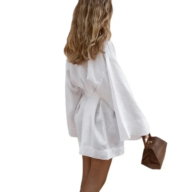 Cardigan Kimono Col V Femme, Robe Courte en Coton et Lin à Manches Longues, avec Ceinture, Style Robe de Chambre, Lacets, Été, Ample, Vestidos