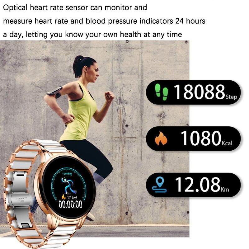 Nouvelle montre connectée de sport en céramique pour femme avec moniteur de fréquence cardiaque et de tension artérielle pour systèmes Android et iOS, bracelet en acier multifonctionnel