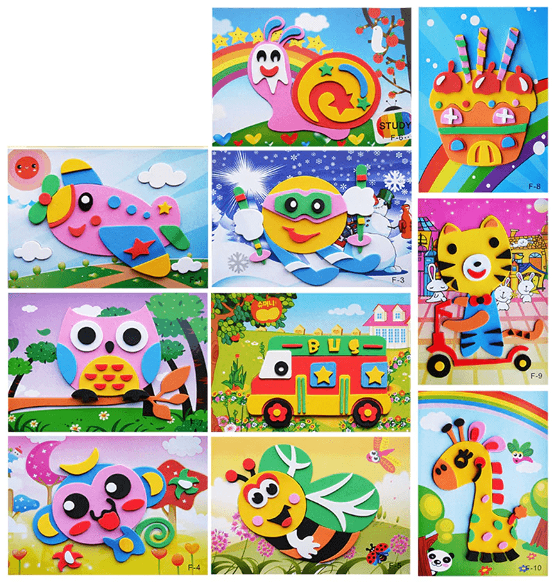 10 designs/lot Autocollants Mousse EVA 3D Dessin Animé Puzzle Série Enfants Motifs Multiples Styles Jouets pour Cadeau d'Anniversaire Enfant