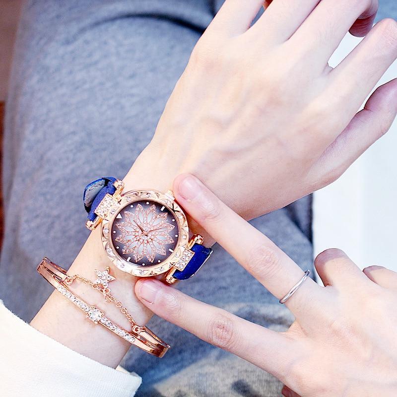Ensemble de Montre Élégante et Populaire pour Femmes, Montre-Bracelet de Luxe Étoilée avec Bracelet en Cuir Décontracté à Quartz, Idéale pour Femmes et Filles