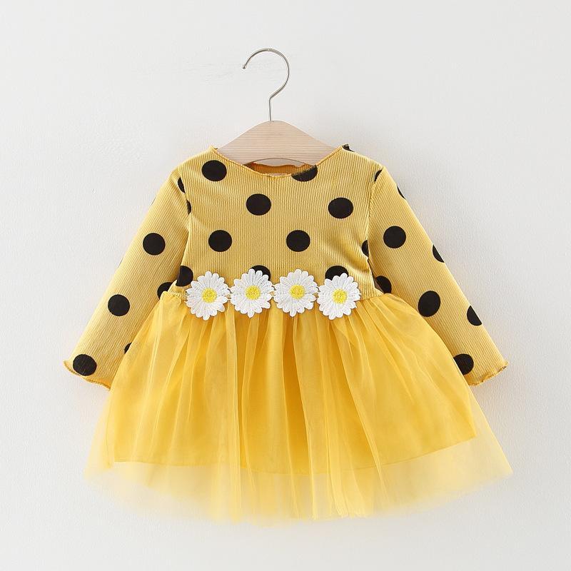 Robes de luxe à manches longues pour bébés, à pois et marguerites, vêtements de mode pour petites filles au design floral élégant pour petites princesses
