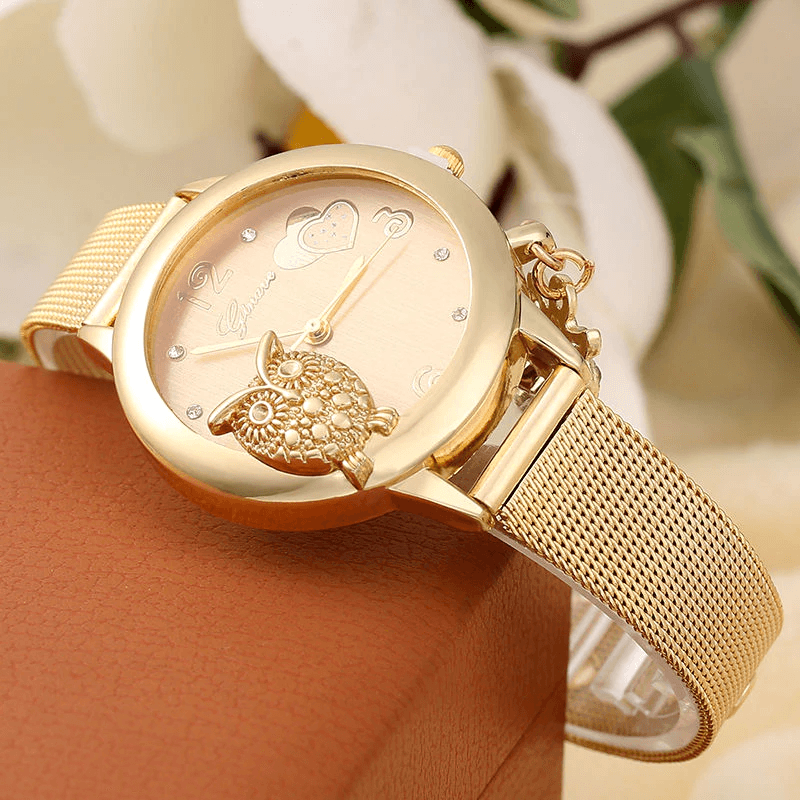 STEVVEX Gold Montre Bracelet Femme Quartz Or Rose Acier Inoxydable Maille Dames Montre-bracelet Horloge Hibou (Or) Pour Femmes et Filles