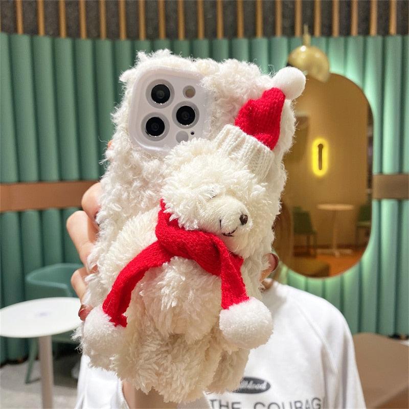 Jolie housse de Noël en peluche d'ours en peluche 3D Père Noël pour iPhone 13 12 11 Pro Xs Max X Xr 7 8 Plus Se3 Housse souple antichoc Housse souple ultra douce en fausse fourrure pelucheuse à oreilles de lapin chaude et amusante pour l'hiver