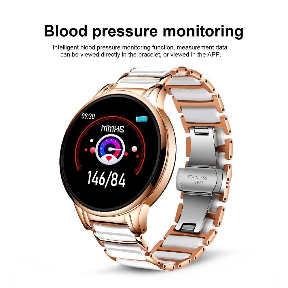 Nouvelle montre connectée de sport en céramique pour femme avec moniteur de fréquence cardiaque et de tension artérielle pour systèmes Android et iOS, bracelet en acier multifonctionnel