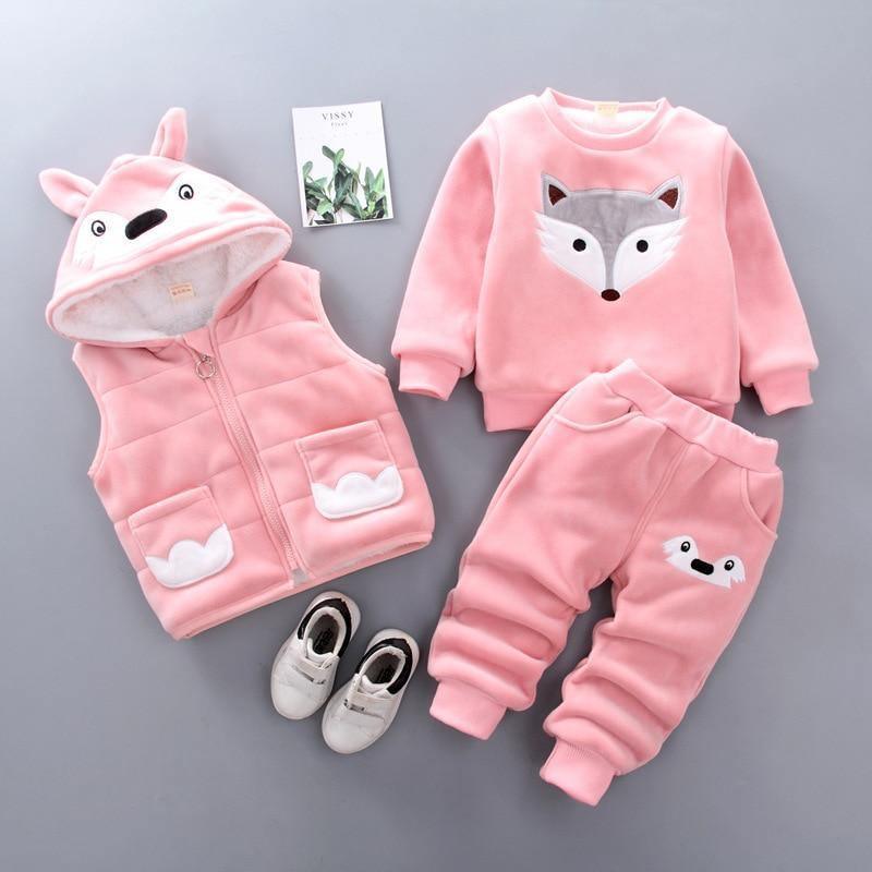Vêtements pour bébé épais et chauds d'hiver, ensemble trois pièces avec pull à capuche imprimé ours et renard de dessin animé pour bébé fille, pull et pantalon