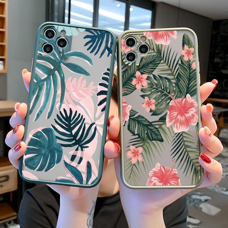 Coque de téléphone à motif floral vert pour iPhone 11, 12, 13, 14 Pro Max, coque rigide antichoc, motif tropical fin et brillant avec feuilles de palmier vertes