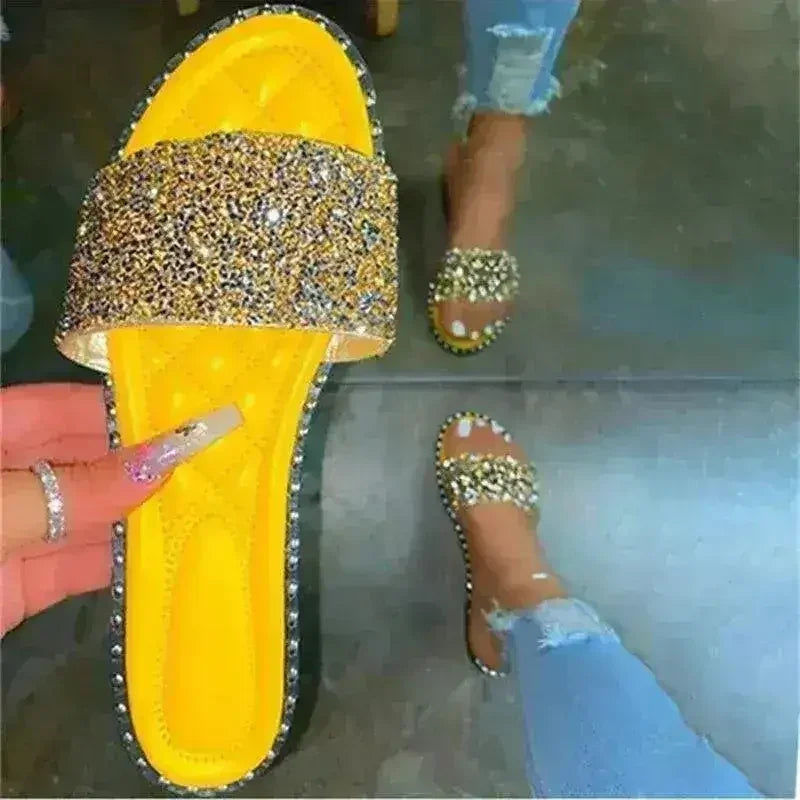 Crystal Chaussons Femme Bling Bling Sandales Plates Chaussures de Plage Été