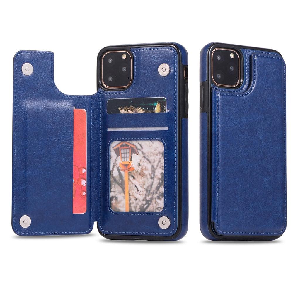 Étui en cuir de luxe pour iPhone 14 12 13 Mini 11 Pro XR XS Max 6 6s 7 8 Plus 5 5s, portefeuille, fente pour cartes de téléphone, étui à rabat en cuir PU avec béquille, fentes pour cartes, double fermoir magnétique, étui antichoc durable pour iPhone