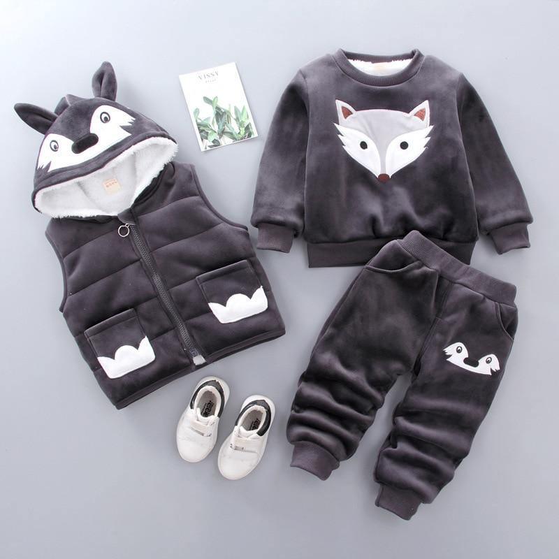 Vêtements pour bébé épais et chauds d'hiver, ensemble trois pièces avec pull à capuche imprimé ours et renard de dessin animé pour bébé fille, pull et pantalon