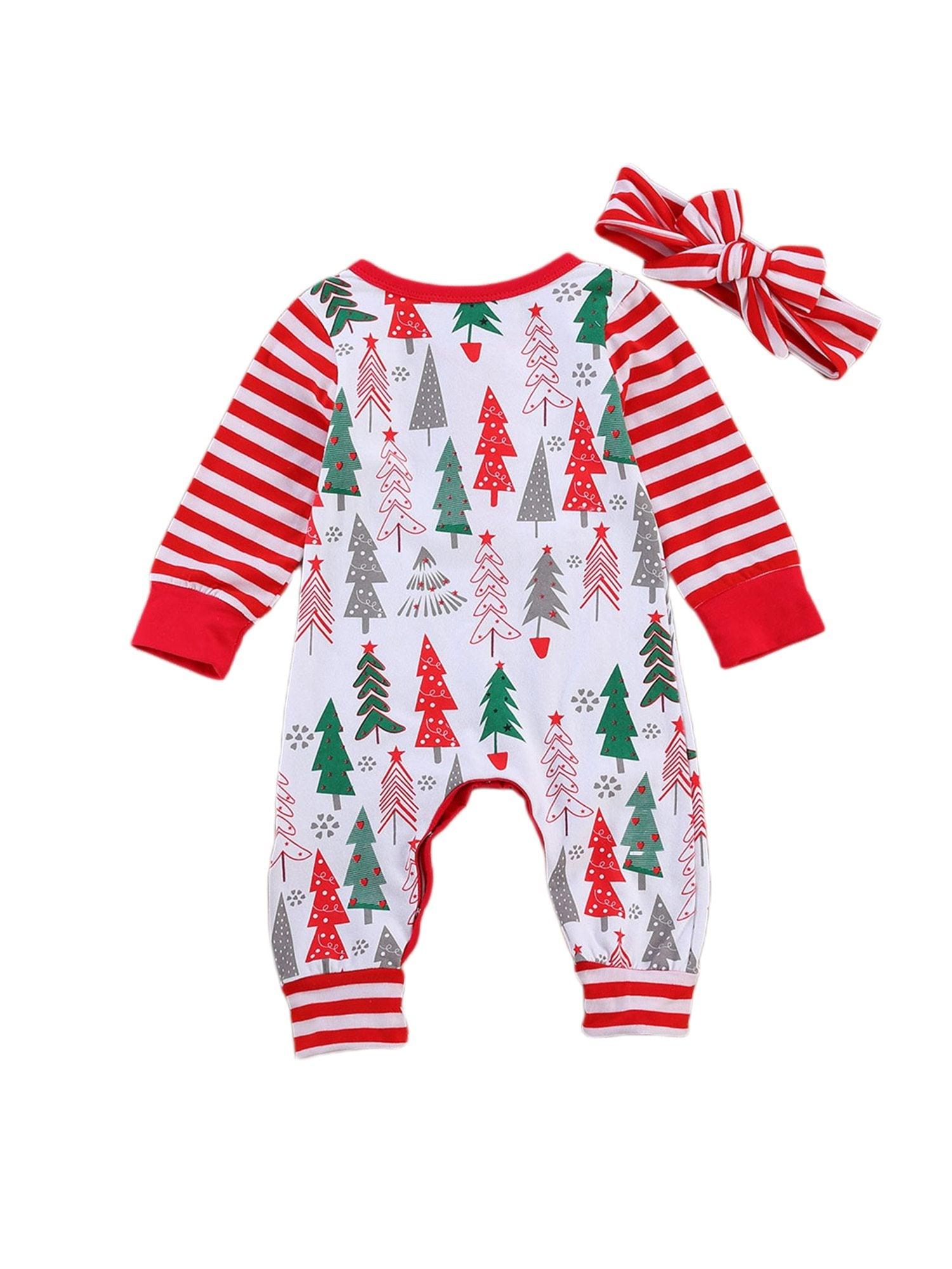 Bébés Filles Garçons Noël Barboteuses Bandeau Combinaisons 2 Pièces Imprimé Père Noël Arbre Nouvel An Bébé Barboteuse
