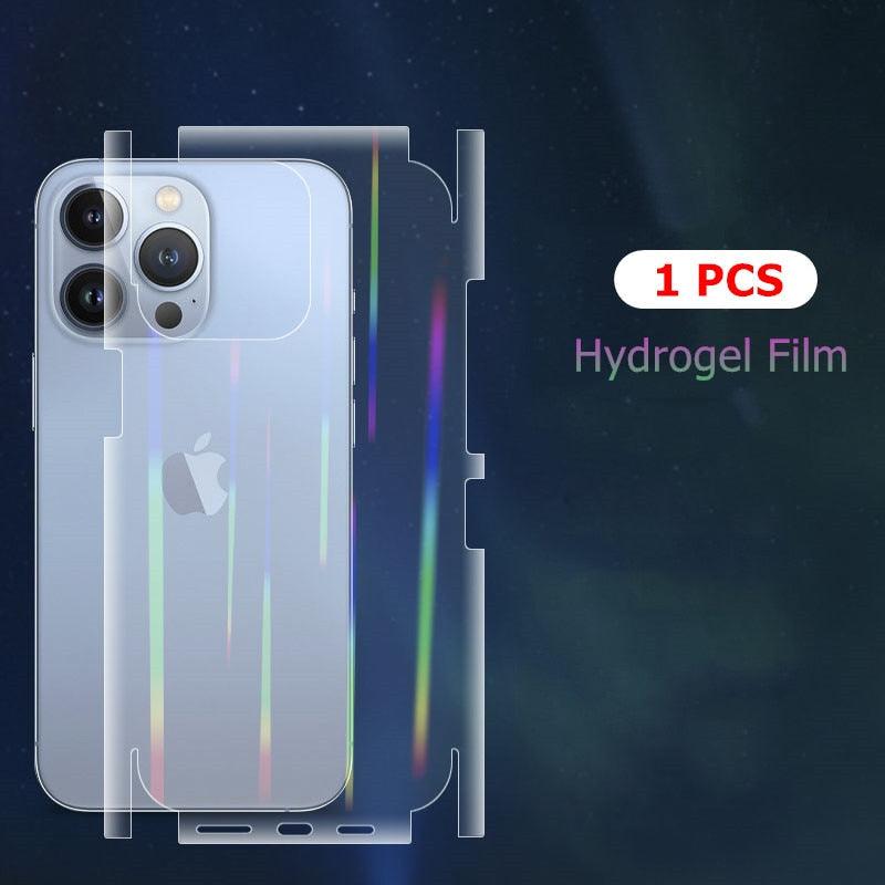 Film Hydrogel Aurora Laser Dégradé pour iPhone 13 11 12 Pro Max Mini X XS XR 7 8 Plus SE 2, Protection d'écran Souple, Coque Arrière Complète, Fine et Anti-Rayures pour iPhone