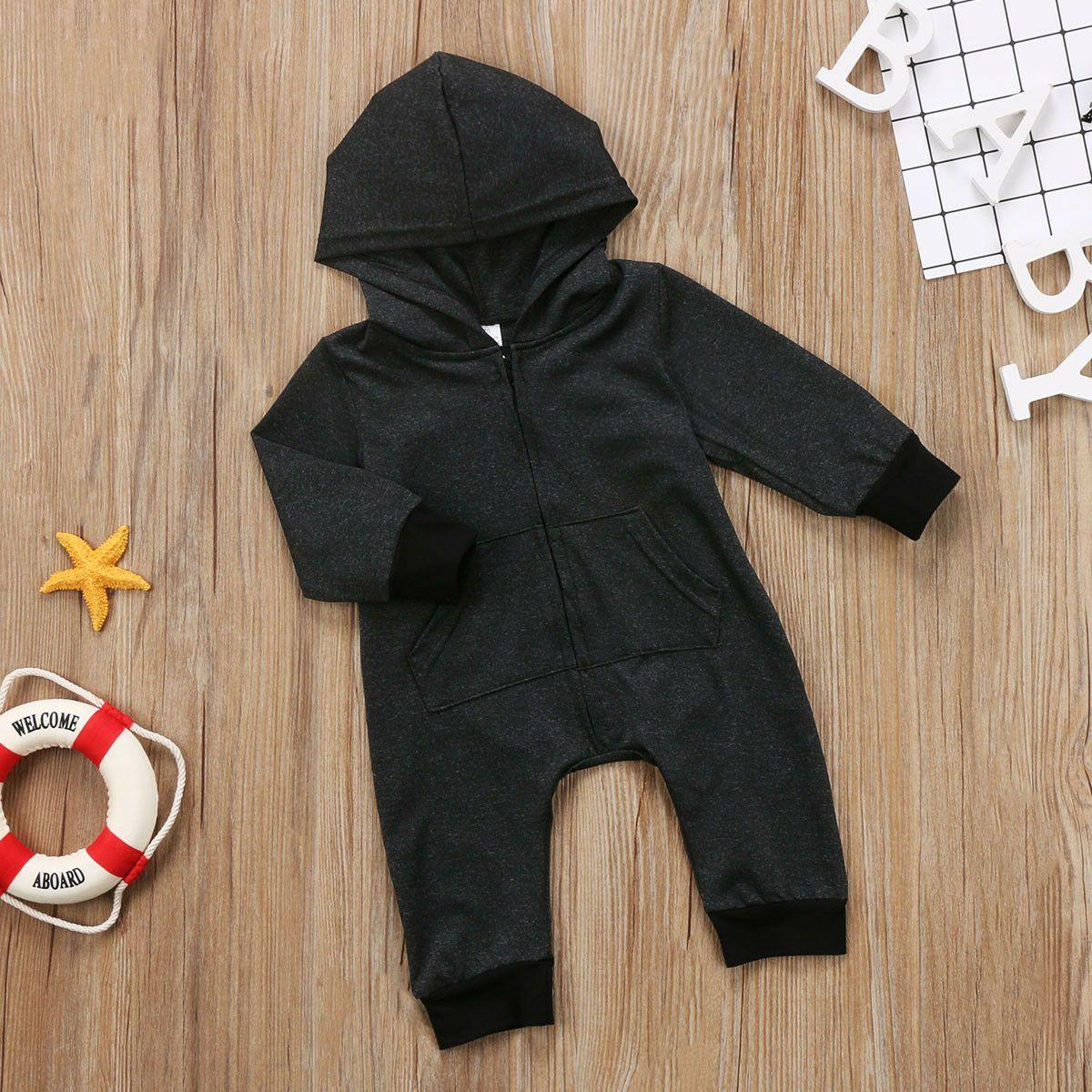 Barboteuse grenouillère unisexe chaude à capuche en coton à manches longues et fermeture éclair pour bébés de 0 à 24 mois, style moderne
