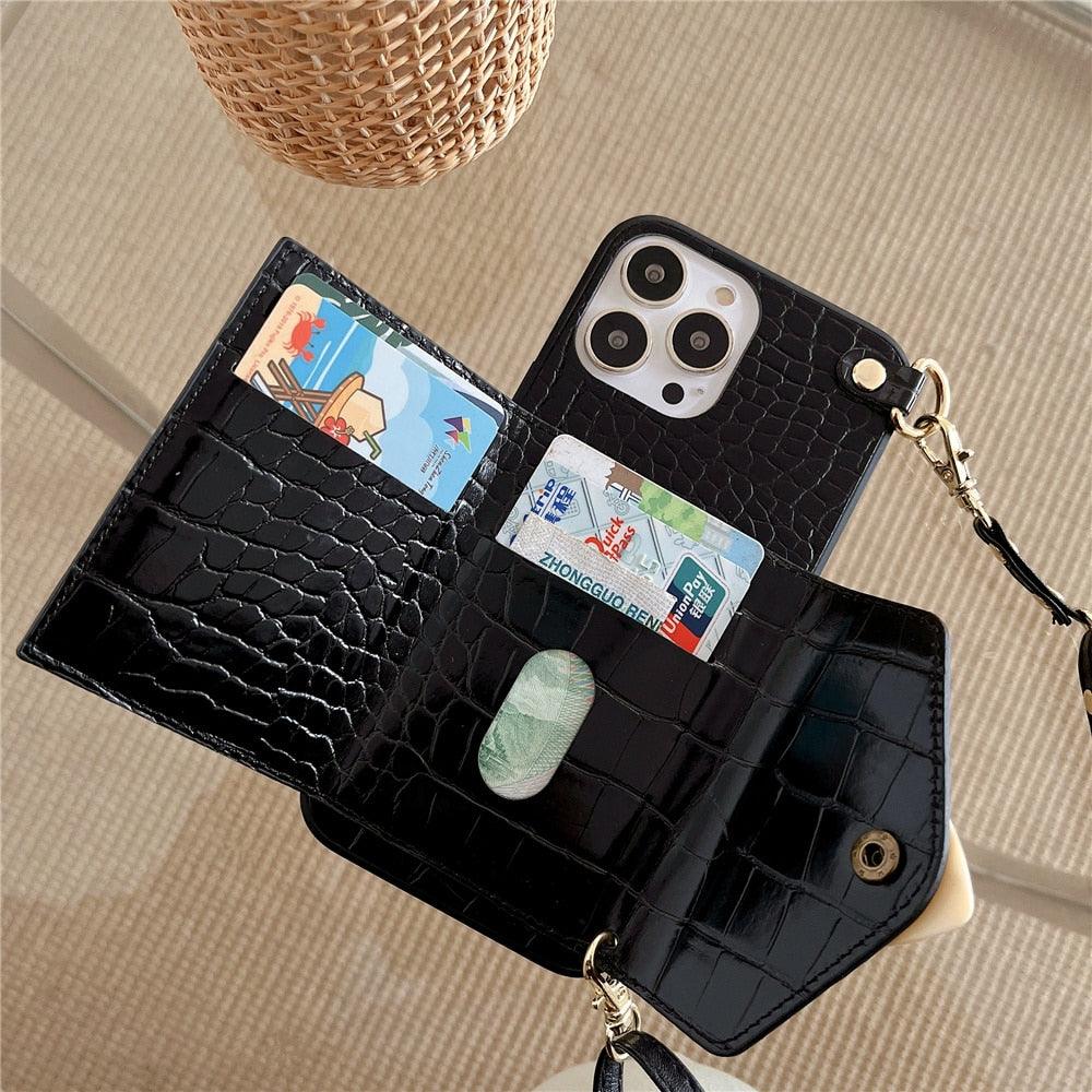 Jolie Coque de Téléphone Noire de Luxe pour iPhone 12 13 Mini 7 8 Plus 11 Pro Max X XS XR avec Dragonne, Porte-Cartes et Bandoulière Réglable
