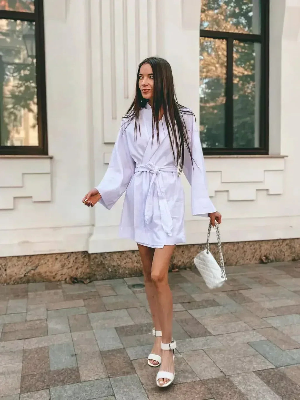 Cardigan Kimono Col V Femme, Robe Courte en Coton et Lin à Manches Longues, avec Ceinture, Style Robe de Chambre, Lacets, Été, Ample, Vestidos