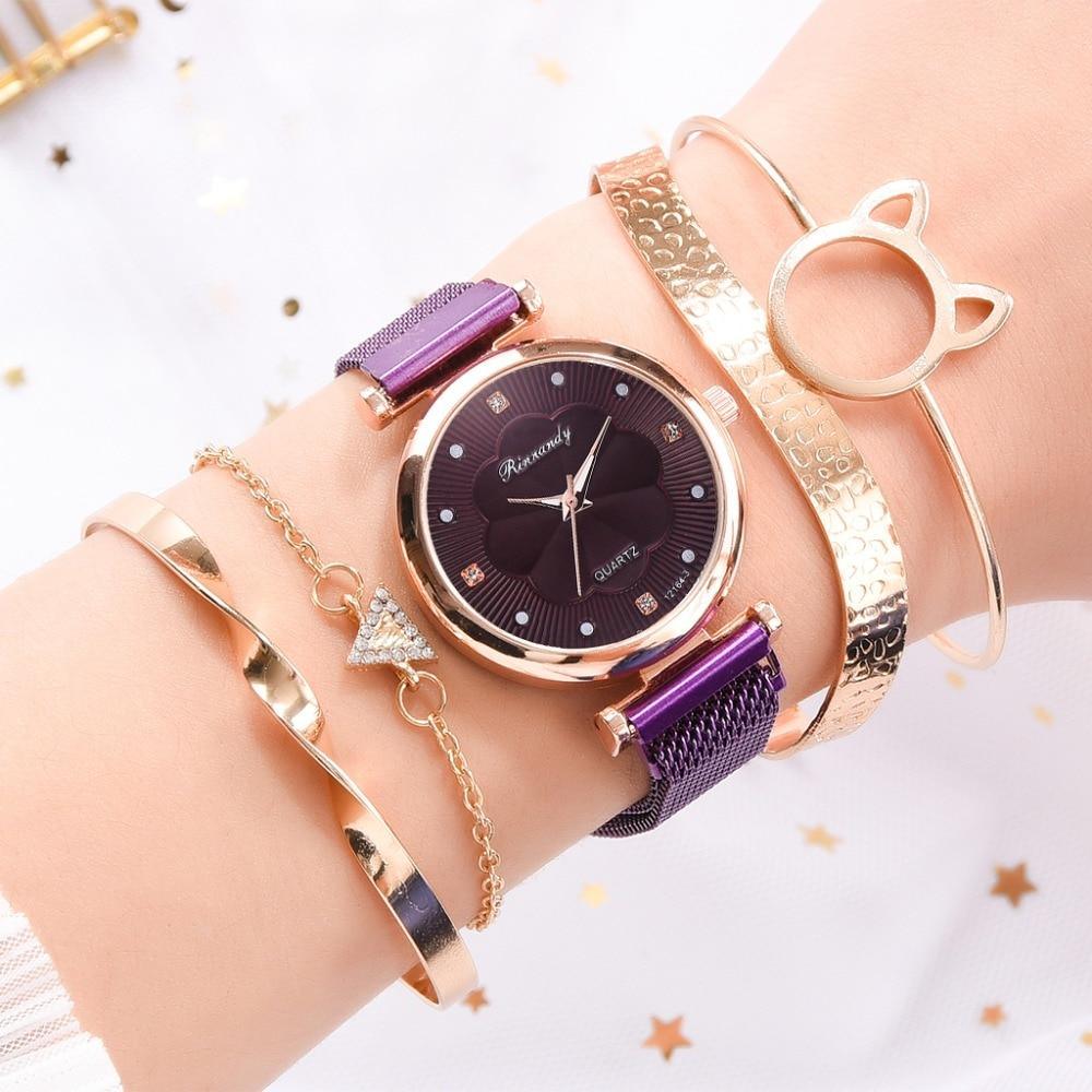 Ensemble Mode Montres Femme Luxe Boucle Magnétique Fleur Strass Montre Dames Quartz Montre-Bracelet Avec Bracelet En Ensemble Pour Femmes et Filles