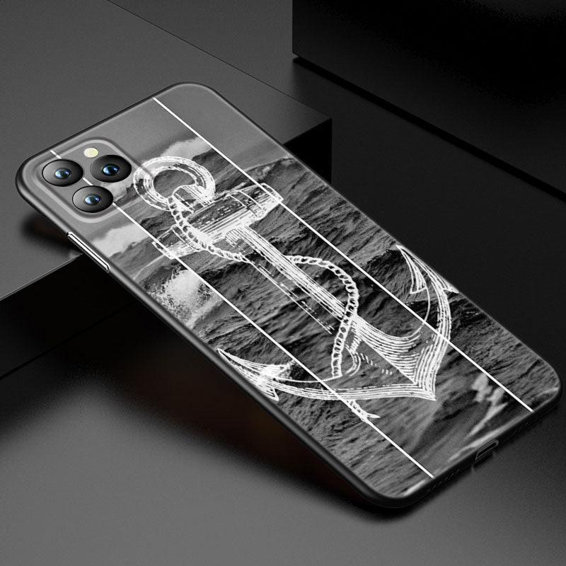 Coque de téléphone à roue de bateau ancre pour iPhone 13 12 Mini 11 Pro XS Max XR X 8 7 6S 6 Plus 5S 5 SE 2020 Housse noire Coque arrière rigide d'ancre personnalisée