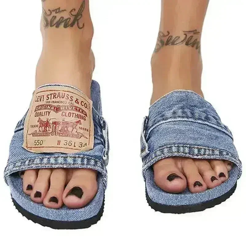 Sandales Plates Rondes en Jean pour Femme Bleu/Noir