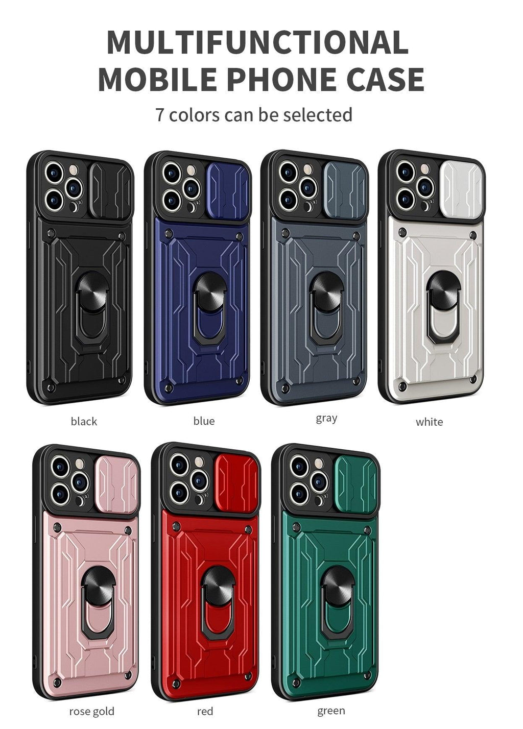 Coque de protection robuste avec porte-cartes pour iPhone 11 Pro 7 8 Plus Support de téléphone magnétique Protection d'objectif coulissant Emplacement pour cartes avec anneau rotatif Coque antichoc