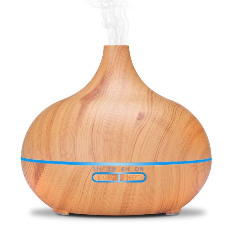 Diffuseur d'huile essentielle d'aromathérapie 550 ml grain de bois télécommande humidificateur d'air ultrasonique brume froide avec lumière LED 7 couleurs pour chambre de bébé, arrêt automatique sans eau, 7 couleurs de lumières changeantes