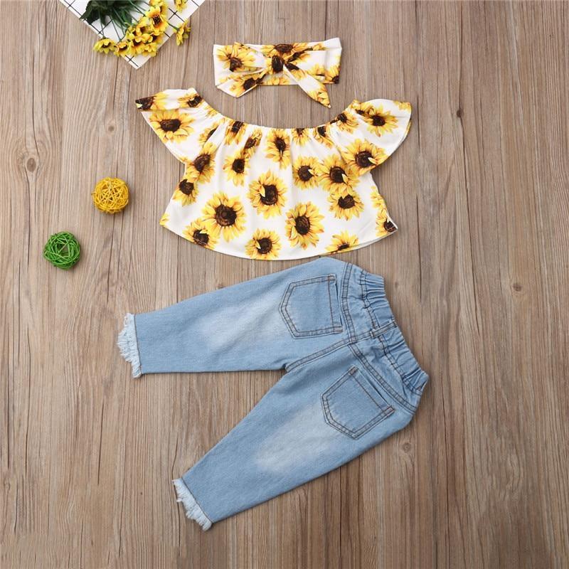 Ensemble 3 Pièces Bébé Mignon Haut Tournesol Pantalon Mode Tenue Décontractée