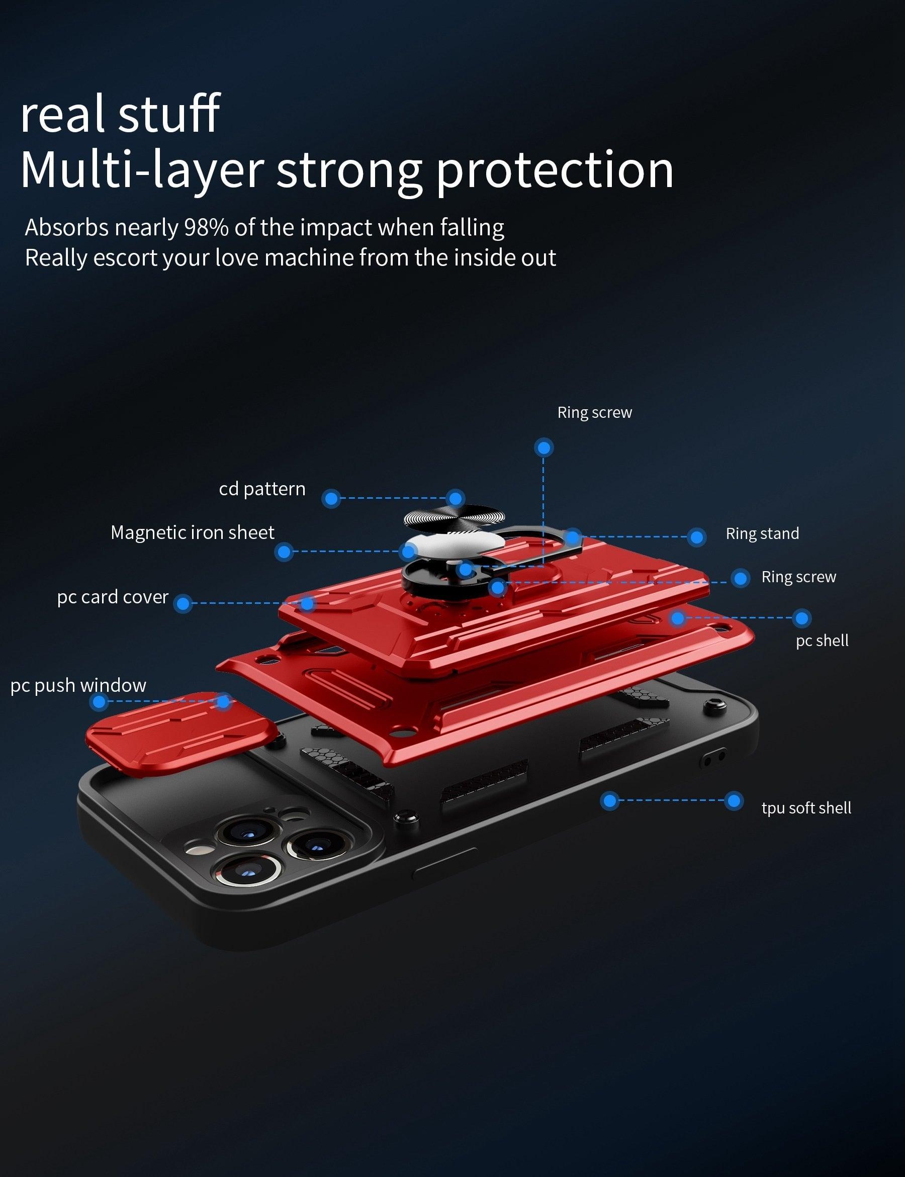 Coque de protection robuste avec porte-cartes pour iPhone 11 Pro 7 8 Plus Support de téléphone magnétique Protection d'objectif coulissant Emplacement pour cartes avec anneau rotatif Coque antichoc