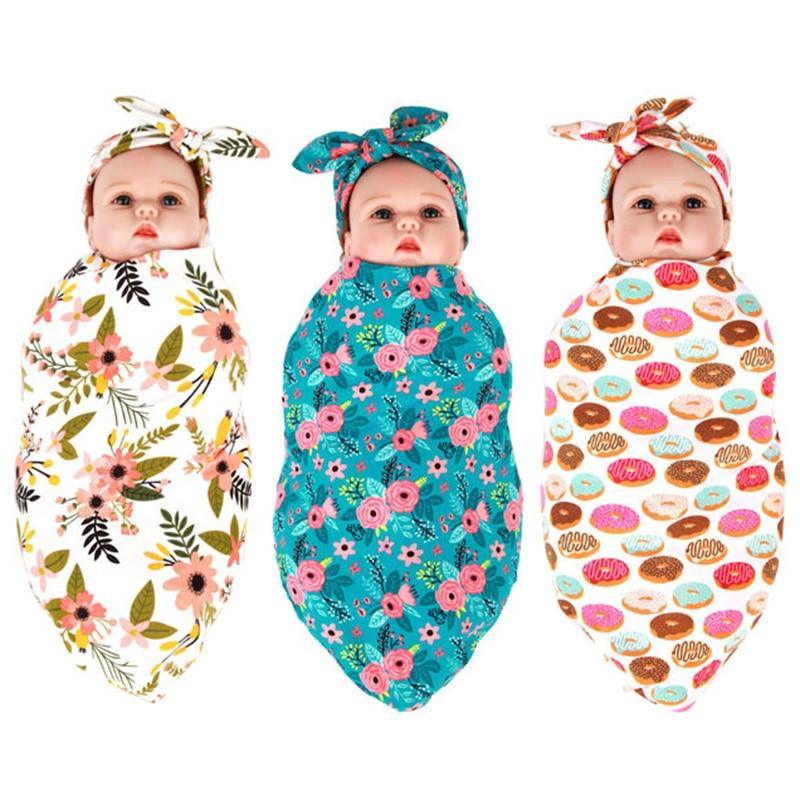 Ensemble de Langes Couverture d'Emmaillotage Accessoires de Photographie Nouveau-né Bébé Garçon Fille Robe Cache-couche Imprimé Floral avec Nœud et Bandeau