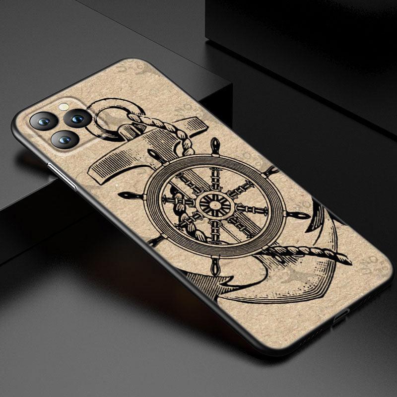 Coque de téléphone à roue de bateau ancre pour iPhone 13 12 Mini 11 Pro XS Max XR X 8 7 6S 6 Plus 5S 5 SE 2020 Housse noire Coque arrière rigide d'ancre personnalisée