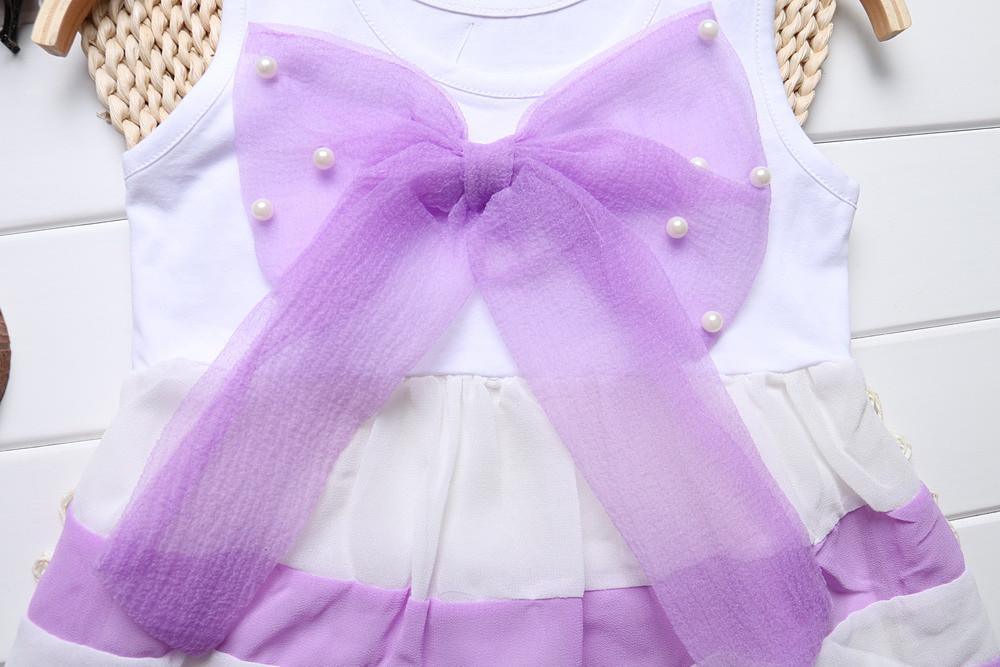 Robes sans manches en mousseline de soie à rayures violettes et col rond, de luxe, pour bébés filles, avec un grand nœud